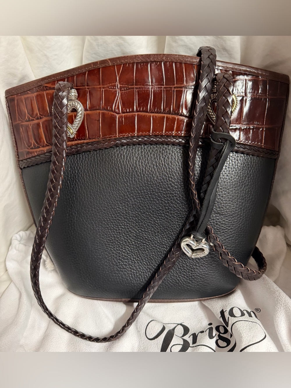 Brighton Black and Brown Croc-Trim Leather Tote bucket bag